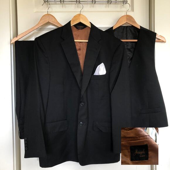 Joseph by Jos A Bank 3-Piece 100% Wool Suit 44 Short Black Rare Made Mexico 90s - Picture 1 of 16